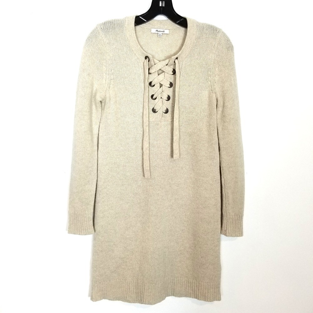 Madewell‎ Women Marino Wool Sweater Lace Up Dress Sz XS Long Sleeve Beige